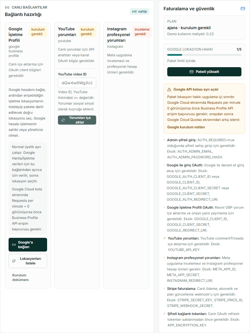 Live XRenk Local connector readiness for Google Business Profile, YouTube and Instagram signals